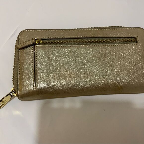 Fossil Gold Metallic Coated Leather Zip Around Wallet Clutch - Picture 6 of 10
